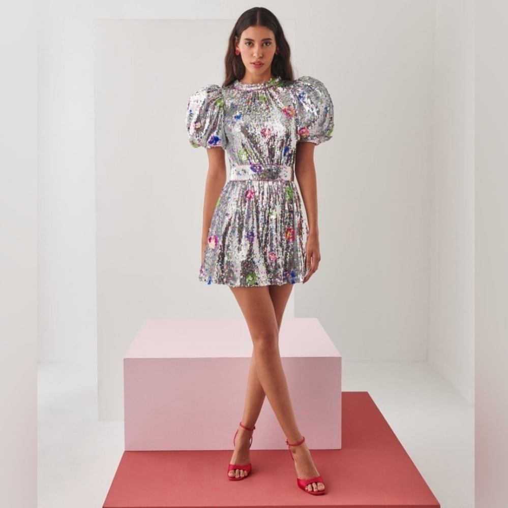 CeliaB Silver Sequin Mini Dress with Floral Accents - Picture 3 of 15